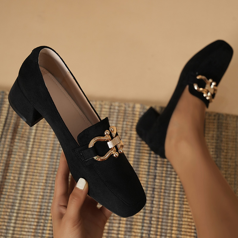 Νέα Άνοιξη και Φθινόπωρο, Ψηλοτάκουνα Μοκασίνια με Τετράγωνη Μύτη και Λουστρίνι, Γυναικεία Μοκασίνια με Χοντρό Τακούνι και Τετράγωνη Τακούνι, Μικρά Δερμάτινα Παπούτσια, Μεσαίο Τακούνι, Μονά Παπούτσια