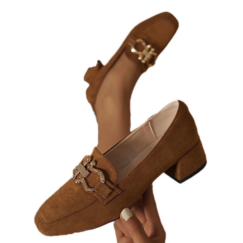 Νέα Άνοιξη και Φθινόπωρο, Ψηλοτάκουνα Μοκασίνια με Τετράγωνη Μύτη και Λουστρίνι, Γυναικεία Μοκασίνια με Χοντρό Τακούνι και Τετράγωνη Τακούνι, Μικρά Δερμάτινα Παπούτσια, Μεσαίο Τακούνι, Μονά Παπούτσια