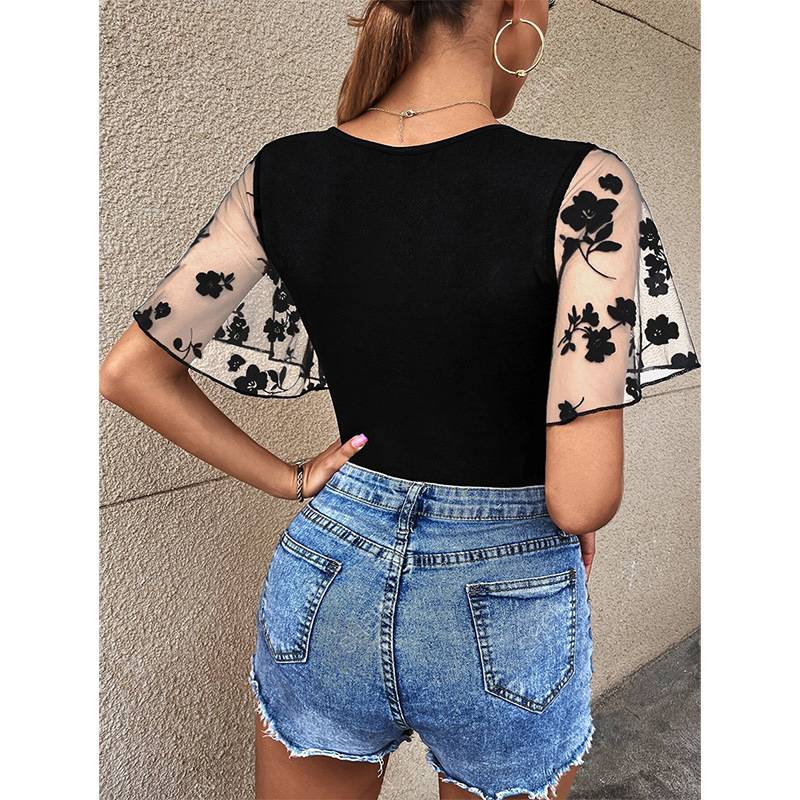 Νέο καλοκαιρινό χρωματιστό μπλουζάκι με μανίκια Lotus Leaf, μοντέρνο μπλουζάκι με στρογγυλή λαιμόκοψη, καθημερινό street, all-match τοπ, διασυνοριακό