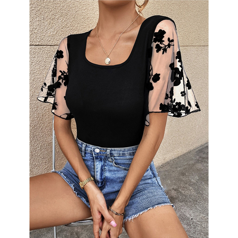 Νέο καλοκαιρινό χρωματιστό μπλουζάκι με μανίκια Lotus Leaf, μοντέρνο μπλουζάκι με στρογγυλή λαιμόκοψη, καθημερινό street, all-match τοπ, διασυνοριακό