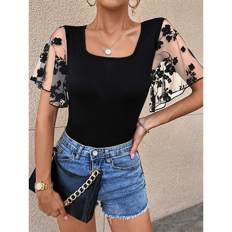 Νέο καλοκαιρινό χρωματιστό μπλουζάκι με μανίκια Lotus Leaf, μοντέρνο μπλουζάκι με στρογγυλή λαιμόκοψη, καθημερινό street, all-match τοπ, διασυνοριακό