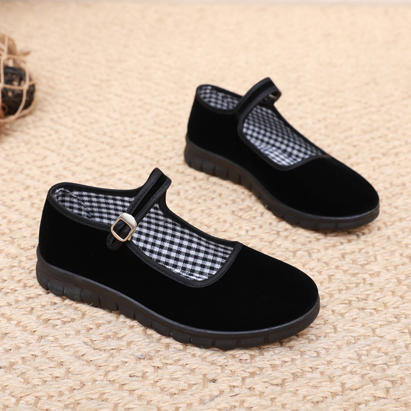 Seni Pekino medžiaginiai batai, moteriški plokščiapadžiai, neslystantys viešbučio darbo batai, etiketo šokių bateliai, juodi sagtimi, laisvalaikio medžiaginiai batai.