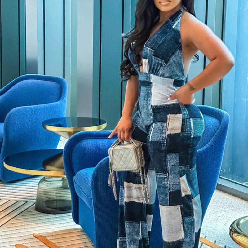 D3258 tarpvalstybiniai moteriški drabužiai iš Europos ir Amerikos rudens ir žiemos „Amazon“ džinsinio audinio, derančio prie petnešų, madingas laisvas plius dydžio kombinezonas