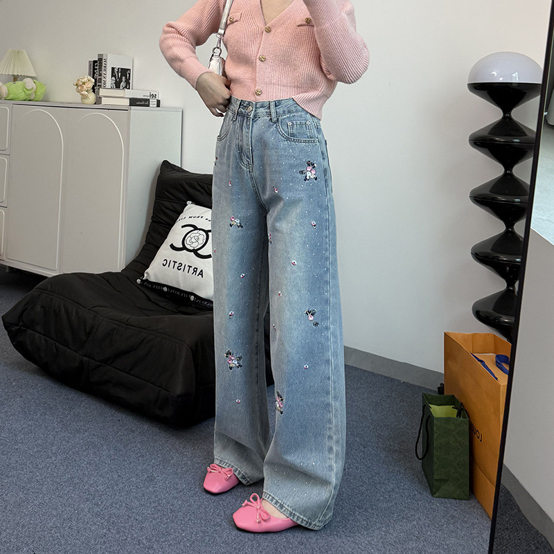Γυναικεία τζιν αμερικανικού στιλ, ανοιξιάτικα, νέα άφιξη, βαριά, κεντημένα λουλούδια, casual, ίσια, ρετρό, φαρδιά παντελόνια