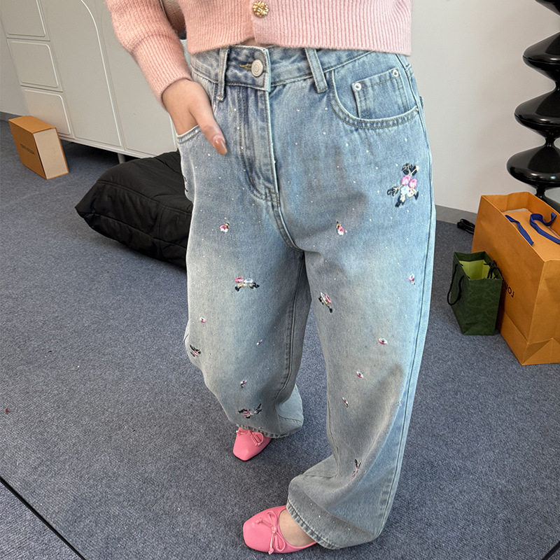 Γυναικεία τζιν αμερικανικού στιλ, ανοιξιάτικα, νέα άφιξη, βαριά, κεντημένα λουλούδια, casual, ίσια, ρετρό, φαρδιά παντελόνια