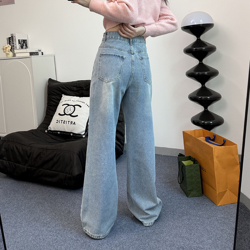 Γυναικεία τζιν αμερικανικού στιλ, ανοιξιάτικα, νέα άφιξη, βαριά, κεντημένα λουλούδια, casual, ίσια, ρετρό, φαρδιά παντελόνια