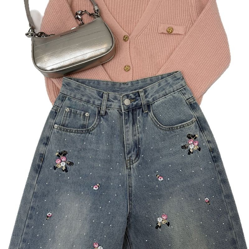 Γυναικεία τζιν αμερικανικού στιλ, ανοιξιάτικα, νέα άφιξη, βαριά, κεντημένα λουλούδια, casual, ίσια, ρετρό, φαρδιά παντελόνια
