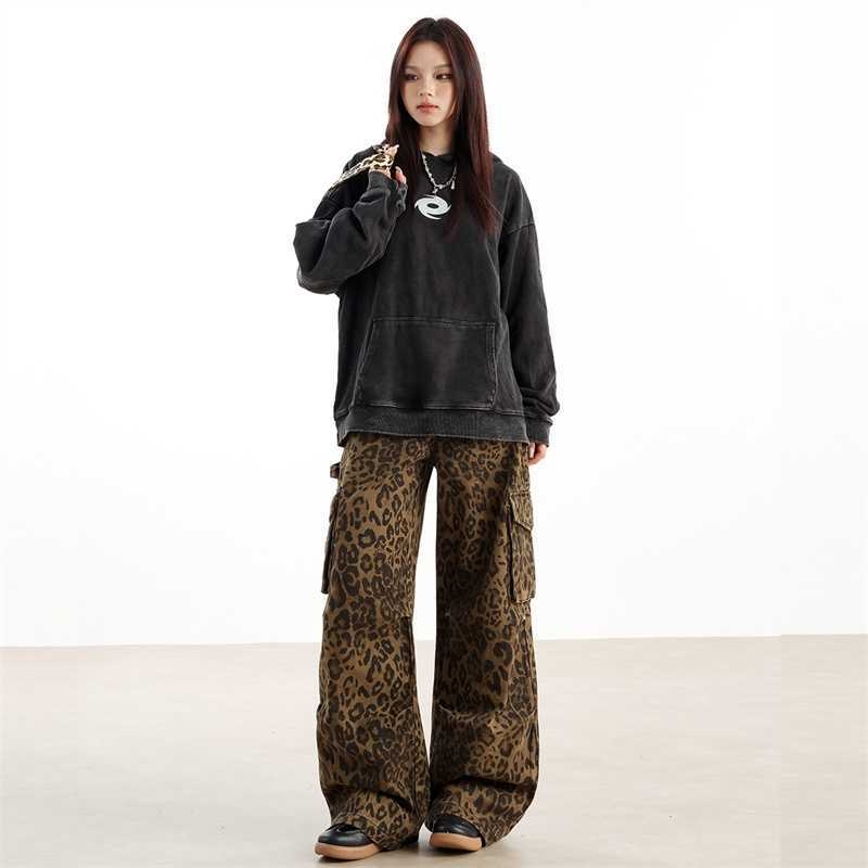 Δωρεάν αποστολή Ρούχα Εργασίας Αμερικανικού Ρετρό Στυλ Γιούπι Λεοπάρ Τρισδιάστατα με Πολλαπλές Τσέπες, Ρυθμιζόμενα, Ευέλικτα, Φαρδιά Πόδια, Μακριά Χονδρικής