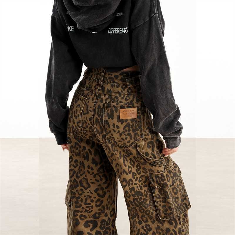 Δωρεάν αποστολή Ρούχα Εργασίας Αμερικανικού Ρετρό Στυλ Γιούπι Λεοπάρ Τρισδιάστατα με Πολλαπλές Τσέπες, Ρυθμιζόμενα, Ευέλικτα, Φαρδιά Πόδια, Μακριά Χονδρικής