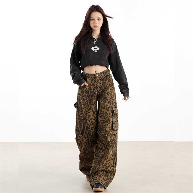 Δωρεάν αποστολή Ρούχα Εργασίας Αμερικανικού Ρετρό Στυλ Γιούπι Λεοπάρ Τρισδιάστατα με Πολλαπλές Τσέπες, Ρυθμιζόμενα, Ευέλικτα, Φαρδιά Πόδια, Μακριά Χονδρικής