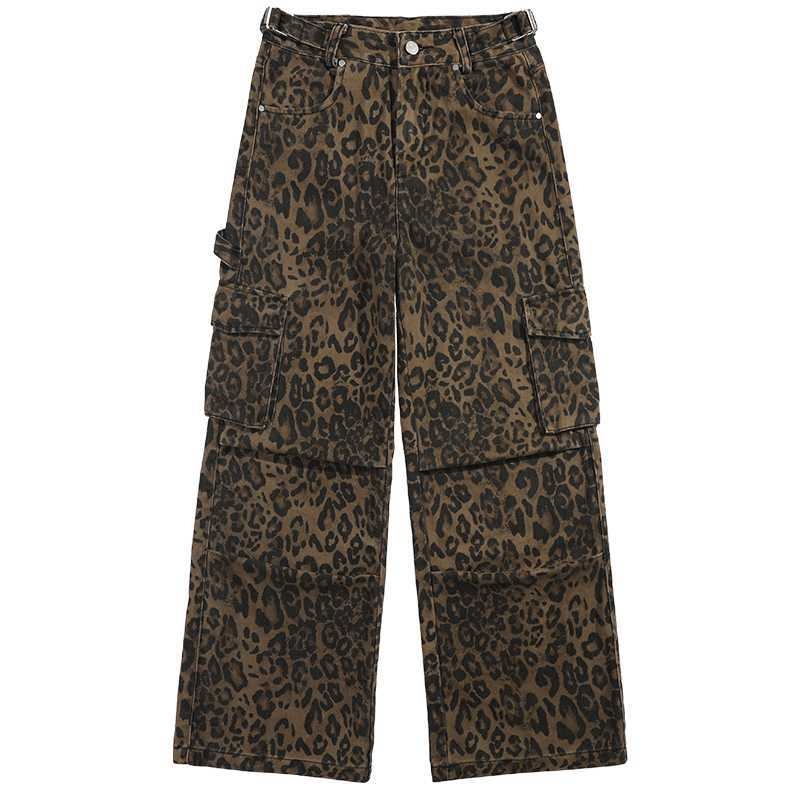 Δωρεάν αποστολή Ρούχα Εργασίας Αμερικανικού Ρετρό Στυλ Γιούπι Λεοπάρ Τρισδιάστατα με Πολλαπλές Τσέπες, Ρυθμιζόμενα, Ευέλικτα, Φαρδιά Πόδια, Μακριά Χονδρικής