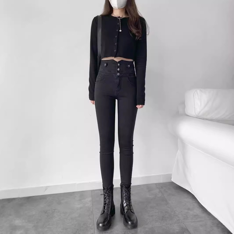 Γυναικείο τζιν με λεπτή γραμμή, κορεάτικου στιλ, με ψηλή μέση και στενή εμφάνιση, για την άνοιξη και το φθινόπωρο του 2024, σε στυλ all-match, με τραχιά άκρα.