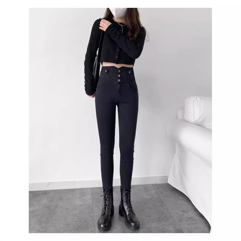 Γυναικείο τζιν με λεπτή γραμμή, κορεάτικου στιλ, με ψηλή μέση και στενή εμφάνιση, για την άνοιξη και το φθινόπωρο του 2024, σε στυλ all-match, με τραχιά άκρα.