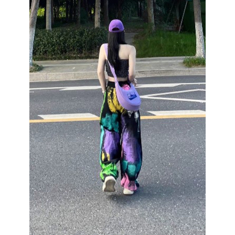 Γυναικεία παντελόνια Street Hip-Hop με ντοπαμίνη, πολύχρωμα, φαρδιά μπατζάκια, καλοκαιρινά, ψηλόμεσα, με κορδόνι, χαλαρά, αδυνατιστικά, μοντέρνα