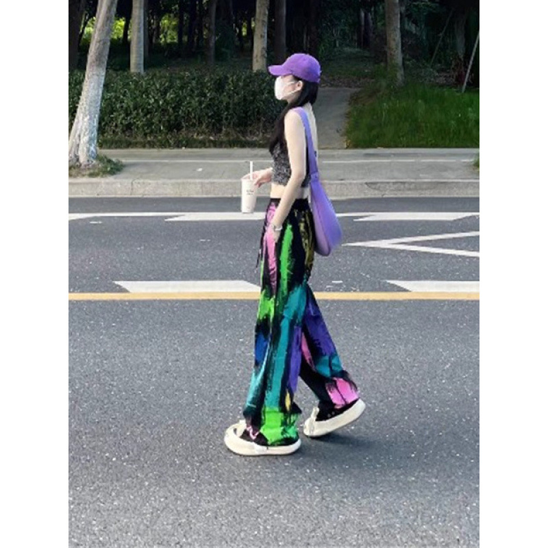 Γυναικεία παντελόνια Street Hip-Hop με ντοπαμίνη, πολύχρωμα, φαρδιά μπατζάκια, καλοκαιρινά, ψηλόμεσα, με κορδόνι, χαλαρά, αδυνατιστικά, μοντέρνα