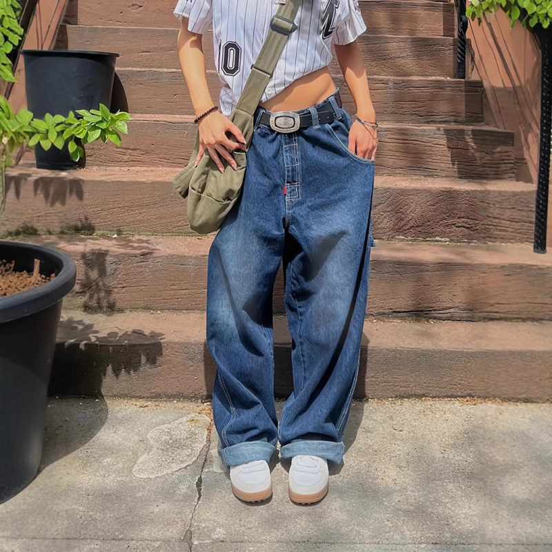 Nanyou Stall Factory Ευρωπαϊκό Στυλ Lo Ιταλικό Στυλ Νέο Ρετρό Πλυμένο Χαλαρό Φαρδύ Παντελόνι Τζιν Μπανάνα με Κουμπιά και Σιλουέτα