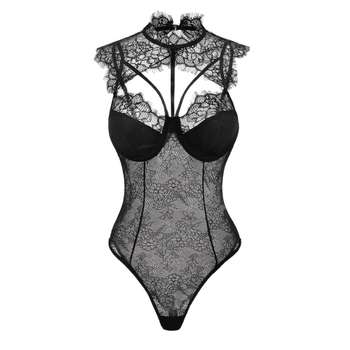 Juodas, tuščiaviduris, moteriškas kombinezonas su nėriniuotais raišteliais, maža krūtinės apimtimi ir plačiu pagrindo sluoksniu. Užsienio prekyba pasiūta iš juodo audinio.