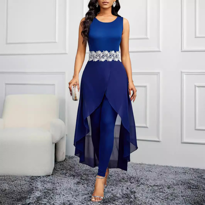 Διασυνοριακές εκρήξεις Εξωτερικό εμπόριο Γυναικεία μόδα Αντίθεση δαντέλα ραφές Σέξι αμάνικο στρογγυλή λαιμόκοψη Ψεύτικο παντελόνι δύο τεμαχίων στενή εφαρμογή