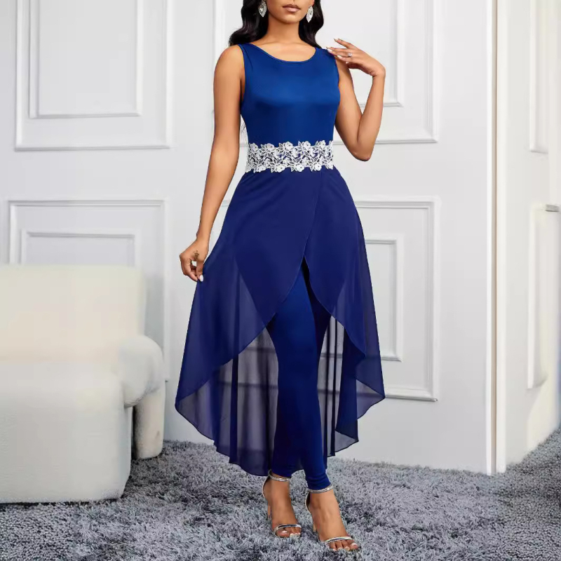 Διασυνοριακές εκρήξεις Εξωτερικό εμπόριο Γυναικεία μόδα Αντίθεση δαντέλα ραφές Σέξι αμάνικο στρογγυλή λαιμόκοψη Ψεύτικο παντελόνι δύο τεμαχίων στενή εφαρμογή