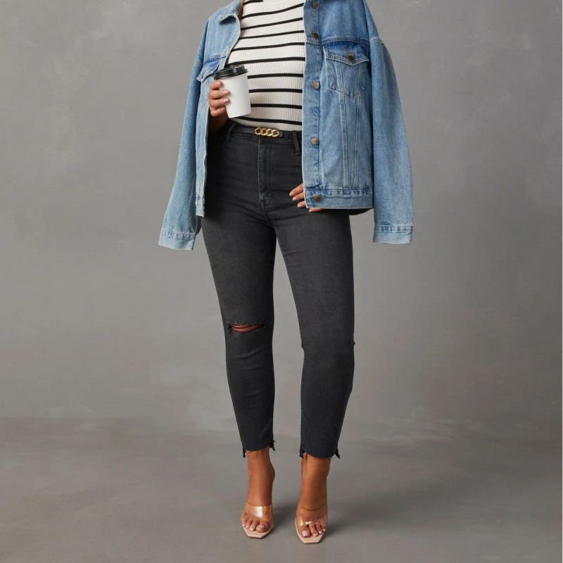 Ευρωαμερικανικό Ελαστικό Τζιν 2024 Νέο Ψηλόμεσο, Αναπνεύσιμο, Ευέλικτο, Μικρό Παντελόνι για Πέλματα, Μοντέρνο, Πλενόμενο Τζιν με Κρόσσια