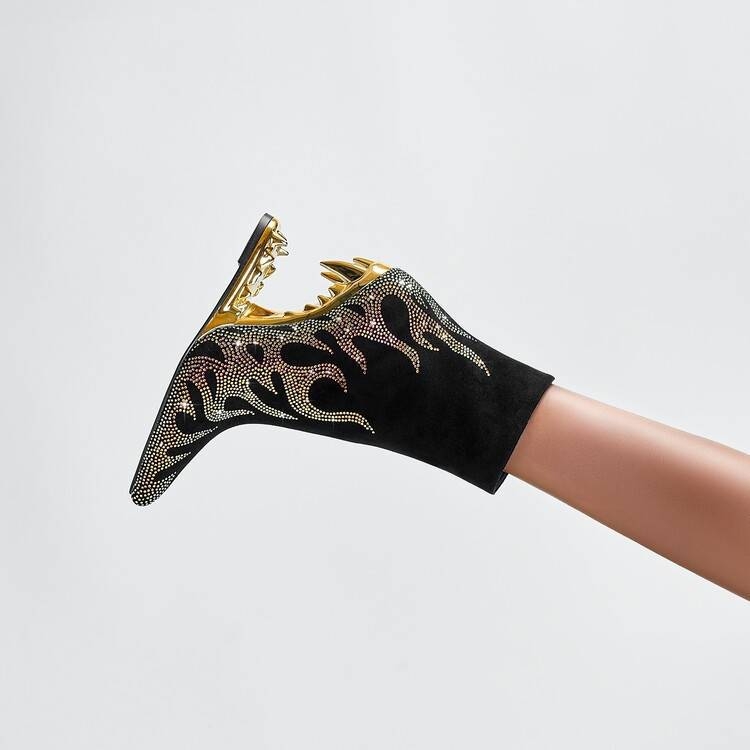 2024 Νέες πανκ μπότες με στρας σε σχήμα δοντιού τίγρης και μυτερό τακούνι σε σχήμα φλόγας για το Halloween, λεπτές γυναικείες μπότες, μοντέρνες μπότες