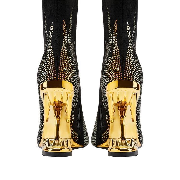 2024 Νέες πανκ μπότες με στρας σε σχήμα δοντιού τίγρης και μυτερό τακούνι σε σχήμα φλόγας για το Halloween, λεπτές γυναικείες μπότες, μοντέρνες μπότες