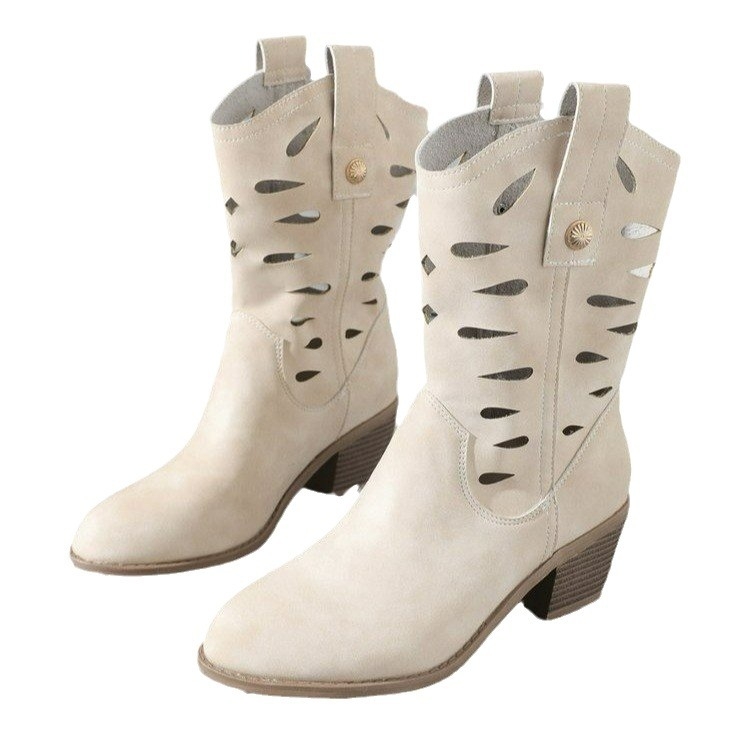 Γυναικείες μπότες καουμπόι Western με χοντρό τακούνι, 2024, καλοκαιρινές, νέες, μυτερές, κεντημένες μπότες ιππότη, ευρωπαϊκές και αμερικανικές μπότες με V-στόχο