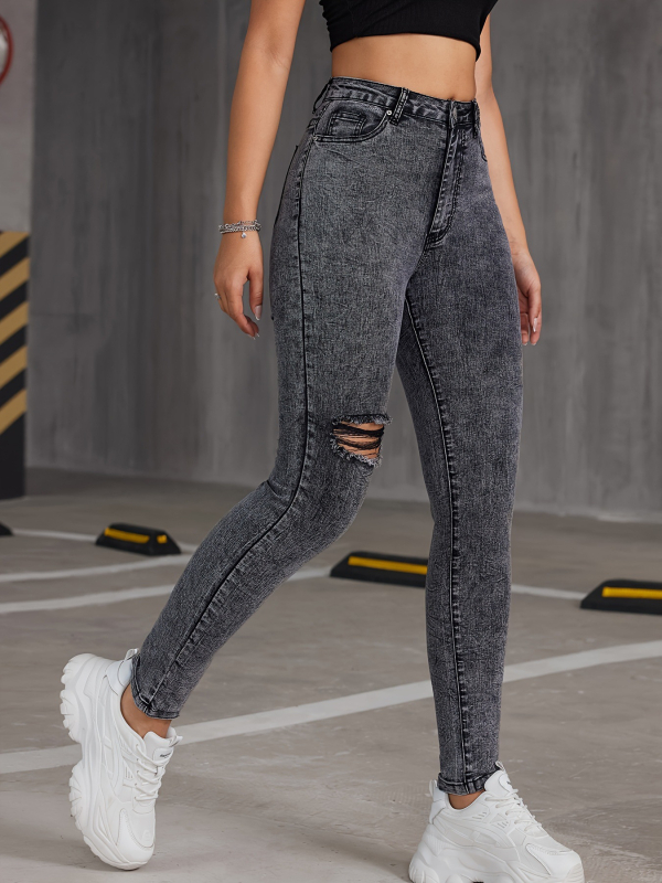Νέο, ανοιξιάτικο και φθινοπωρινό τζιν παντελόνι με χρωματική αντίθεση, πλυμένο τζιν με σκισίματα, μοντέρνο, casual, all-match, στενό, ελαστικό τζιν για γυναίκες.