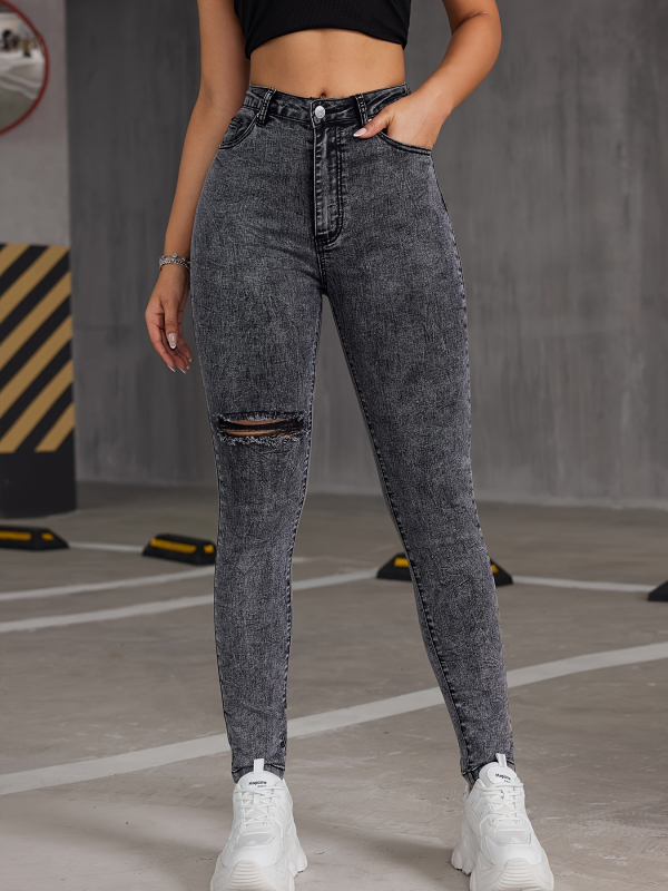 Νέο, ανοιξιάτικο και φθινοπωρινό τζιν παντελόνι με χρωματική αντίθεση, πλυμένο τζιν με σκισίματα, μοντέρνο, casual, all-match, στενό, ελαστικό τζιν για γυναίκες.