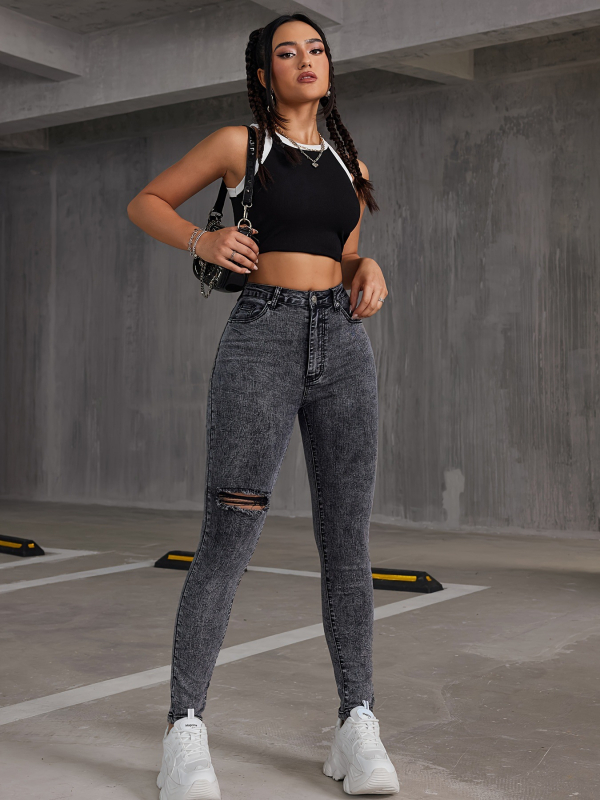 Νέο, ανοιξιάτικο και φθινοπωρινό τζιν παντελόνι με χρωματική αντίθεση, πλυμένο τζιν με σκισίματα, μοντέρνο, casual, all-match, στενό, ελαστικό τζιν για γυναίκες.