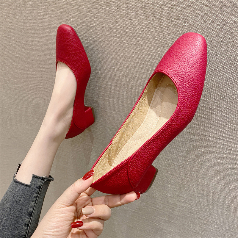 Γυναικεία παπούτσια μονής στρώσης με τετράγωνη μύτη και χαμηλό τακούνι, άνοιξη 2023, νέα κορεάτικα στυλ με ρηχό στόμα, ρετρό, απλά, μαλακά δερμάτινα, άνετα, niche γόβες