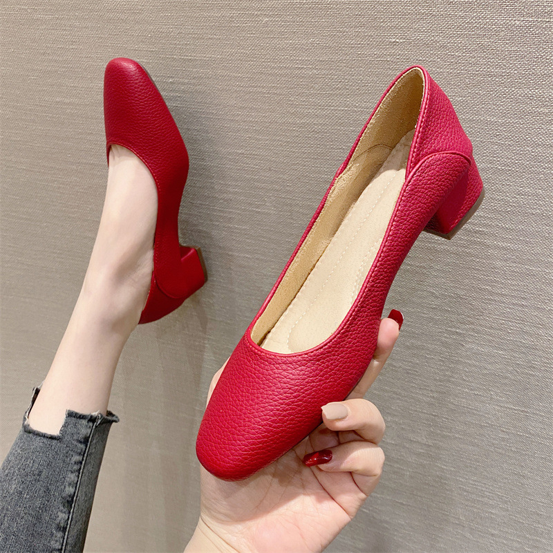 Γυναικεία παπούτσια μονής στρώσης με τετράγωνη μύτη και χαμηλό τακούνι, άνοιξη 2023, νέα κορεάτικα στυλ με ρηχό στόμα, ρετρό, απλά, μαλακά δερμάτινα, άνετα, niche γόβες