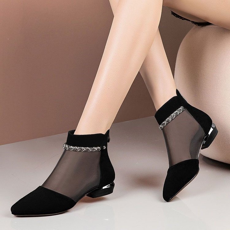 Γυναικεία Σανδάλια με Επίπεδη Τακούνι και Στρας, Καλοκαίρι 2024, Νέες Μοντέρνες Μπότες με Μυτερό Κοίλο Δίχτυ, Γυναικεία Παπούτσια με Χαμηλό Τακούνι, Σανδάλια με Χαμηλό Τακούνι