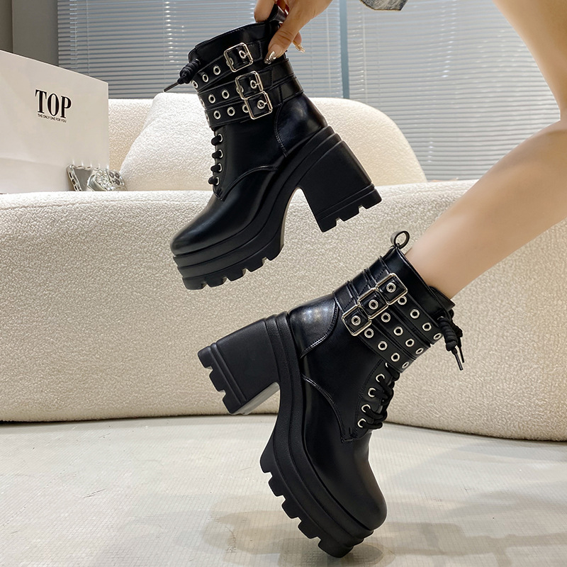 Νέες μπότες Cross-border 43 plus size, κοντές μπότες με χοντρό τακούνι, Martin Thong, ευρωπαϊκές και αμερικανικές μπότες με κορδόνια και χοντρή σόλα, γυναικείες μπότες με ψηλοτάκουνο, μονό τακούνι