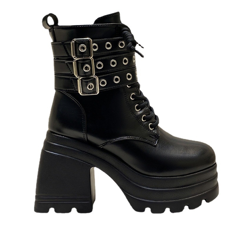 Νέες μπότες Cross-border 43 plus size, κοντές μπότες με χοντρό τακούνι, Martin Thong, ευρωπαϊκές και αμερικανικές μπότες με κορδόνια και χοντρή σόλα, γυναικείες μπότες με ψηλοτάκουνο, μονό τακούνι