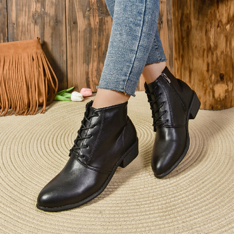 Ρετρό Κοντές Μπότες Cross-Border Μεγάλο Μέγεθος 2024 Φθινοπωρινές και Χειμερινές Μπότες με Χοντρό Τακούνι και Μυτερή Μύτη με Φερμουάρ στο Πλάι Γυναικεία Μπότες Χονδρικής σε Απόθεμα