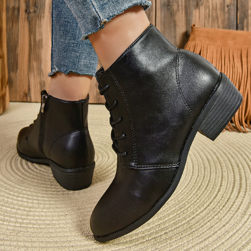 Ρετρό Κοντές Μπότες Cross-Border Μεγάλο Μέγεθος 2024 Φθινοπωρινές και Χειμερινές Μπότες με Χοντρό Τακούνι και Μυτερή Μύτη με Φερμουάρ στο Πλάι Γυναικεία Μπότες Χονδρικής σε Απόθεμα