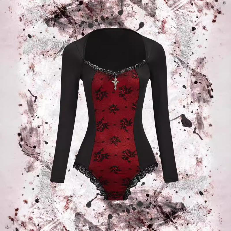 Ευρωπαϊκό και Αμερικανικό Διασυνοριακό Εξωτερικό Εμπόριο - Νέο Σέξι Μακρυμάνικο Σκούρο Δαντελένιο Κορμάκι C10031