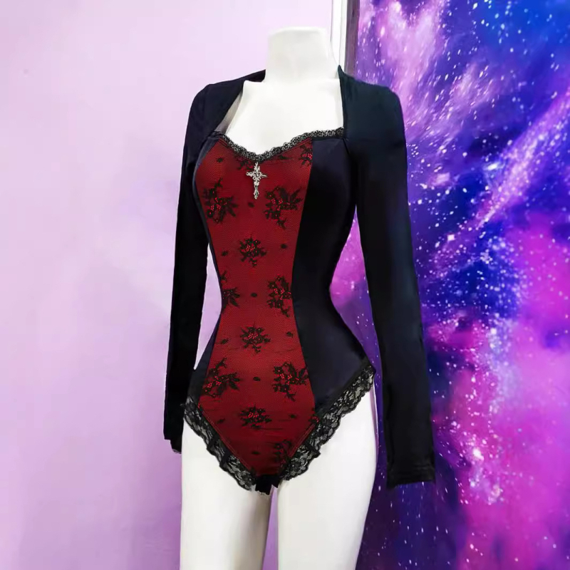 Ευρωπαϊκό και Αμερικανικό Διασυνοριακό Εξωτερικό Εμπόριο - Νέο Σέξι Μακρυμάνικο Σκούρο Δαντελένιο Κορμάκι C10031