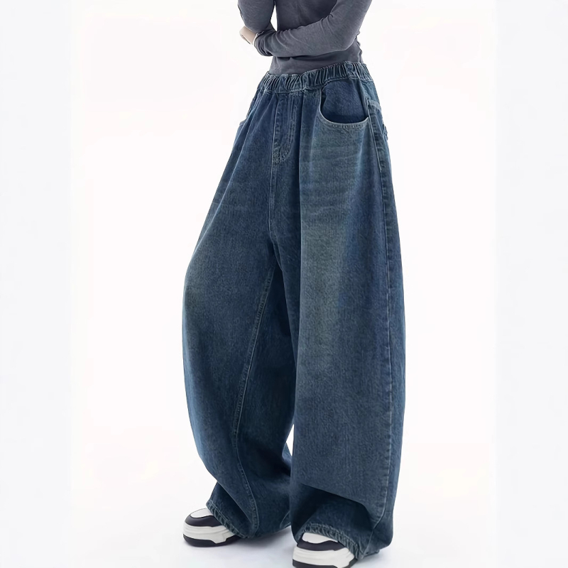 Ευρωπαϊκό και αμερικανικό παντελόνι ψηλόμεσο για το φθινόπωρο και τον χειμώνα του 2024, με φαρδιά μπατζάκια, διακριτικό τζιν δρόμου, casual παντελόνι με πλυσίματα σε όλα τα χρώματα.