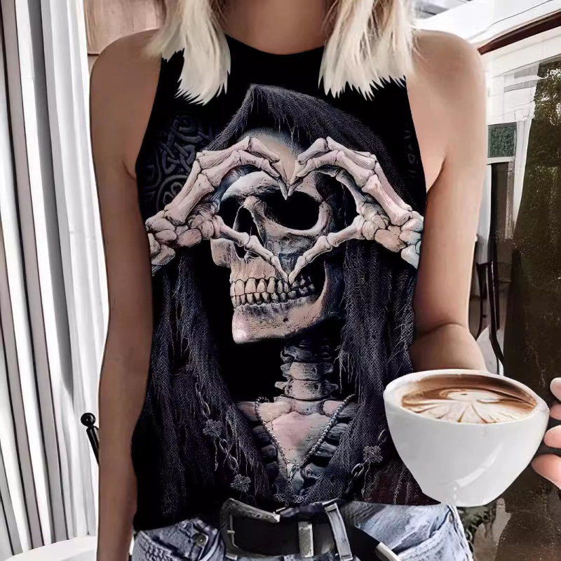 Νέα μπλούζα με στρογγυλή λαιμόκοψη για το Halloween, αμάνικη, τυπωμένη, αστεία, νεκροκεφαλή, Xiyin, διασυνοριακή, ανεξάρτητη, βενζινάδικο, ρούχα εφοδιαστικής αλυσίδας