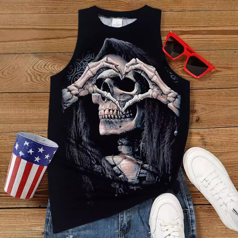 Νέα μπλούζα με στρογγυλή λαιμόκοψη για το Halloween, αμάνικη, τυπωμένη, αστεία, νεκροκεφαλή, Xiyin, διασυνοριακή, ανεξάρτητη, βενζινάδικο, ρούχα εφοδιαστικής αλυσίδας