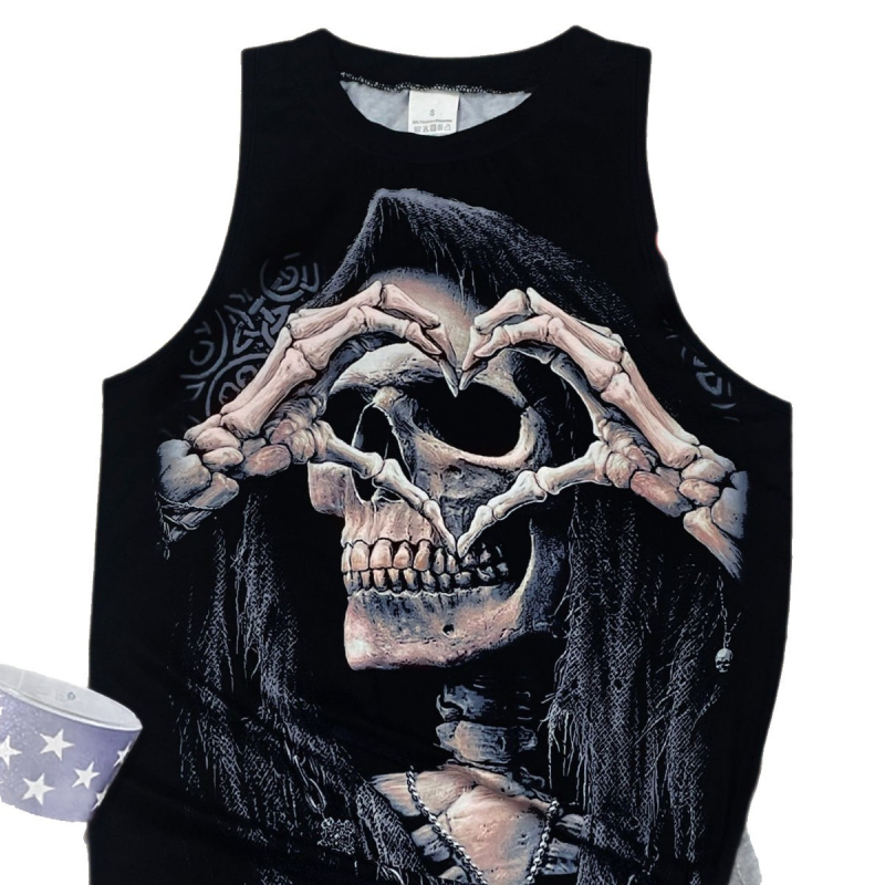 Νέα μπλούζα με στρογγυλή λαιμόκοψη για το Halloween, αμάνικη, τυπωμένη, αστεία, νεκροκεφαλή, Xiyin, διασυνοριακή, ανεξάρτητη, βενζινάδικο, ρούχα εφοδιαστικής αλυσίδας