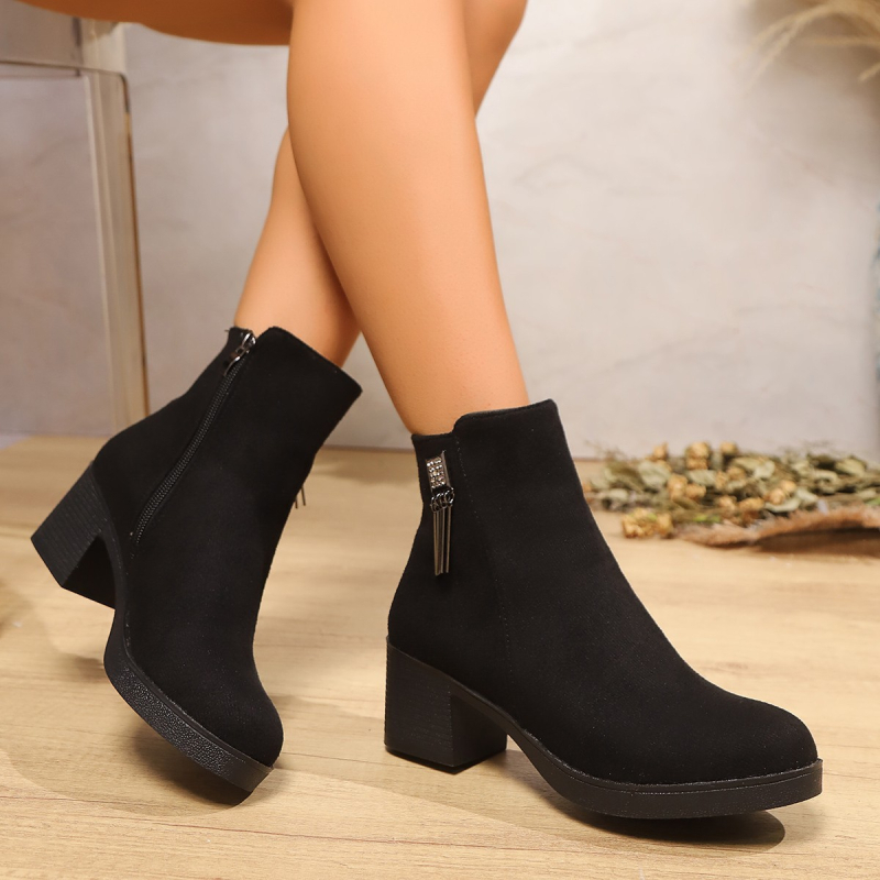 Ευρωπαϊκές και αμερικανικές μπότες Martin εξωτερικού εμπορίου γυναικών 2024 φθινόπωρο και χειμώνας νέο στρογγυλό κεφάλι χοντρό τακούνι φερμουάρ πλαϊνό μπότες μέσης και ηλικιωμένης μητέρας μόδας