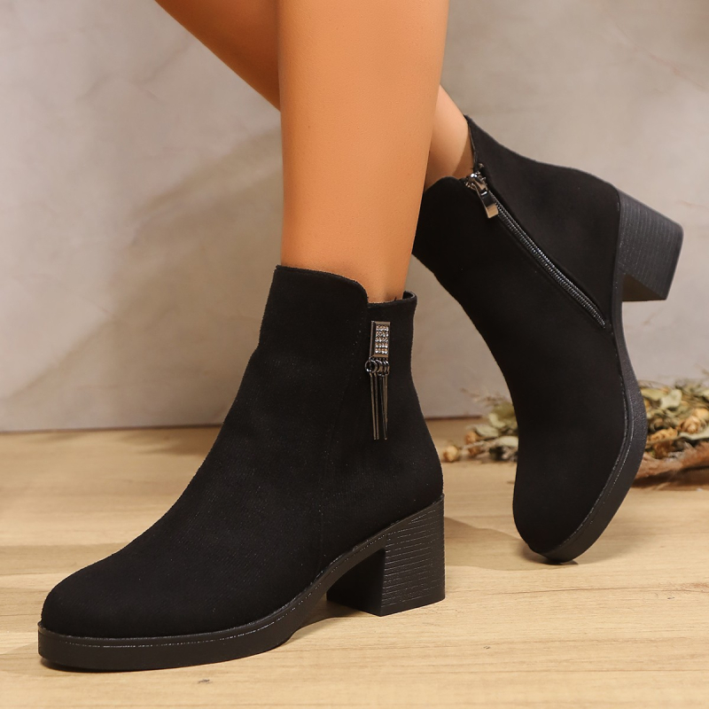 Ευρωπαϊκές και αμερικανικές μπότες Martin εξωτερικού εμπορίου γυναικών 2024 φθινόπωρο και χειμώνας νέο στρογγυλό κεφάλι χοντρό τακούνι φερμουάρ πλαϊνό μπότες μέσης και ηλικιωμένης μητέρας μόδας