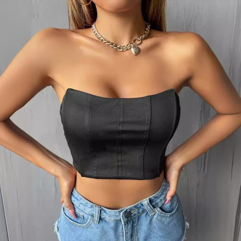 2024 m. nauja europietiška ir amerikietiška seksuali „Spice Girl“ stiliaus palaidinė be petnešėlių. Seksuali, plona, vienspalvė, be nugaros, maža liemenė.