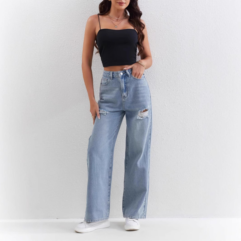 2025 Νέα ανοιχτόχρωμα τζιν TEMU για γυναίκες, με σκισίματα, φαρδιά, ψηλόμεσα παντελόνια, γυναικεία τζιν