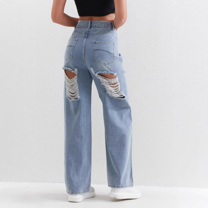 2025 Νέα ανοιχτόχρωμα τζιν TEMU για γυναίκες, με σκισίματα, φαρδιά, ψηλόμεσα παντελόνια, γυναικεία τζιν