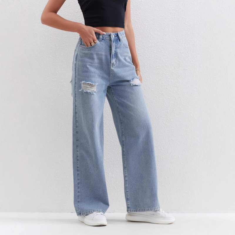 2025 Νέα ανοιχτόχρωμα τζιν TEMU για γυναίκες, με σκισίματα, φαρδιά, ψηλόμεσα παντελόνια, γυναικεία τζιν