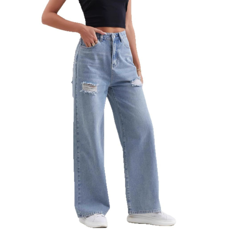 2025 Νέα ανοιχτόχρωμα τζιν TEMU για γυναίκες, με σκισίματα, φαρδιά, ψηλόμεσα παντελόνια, γυναικεία τζιν